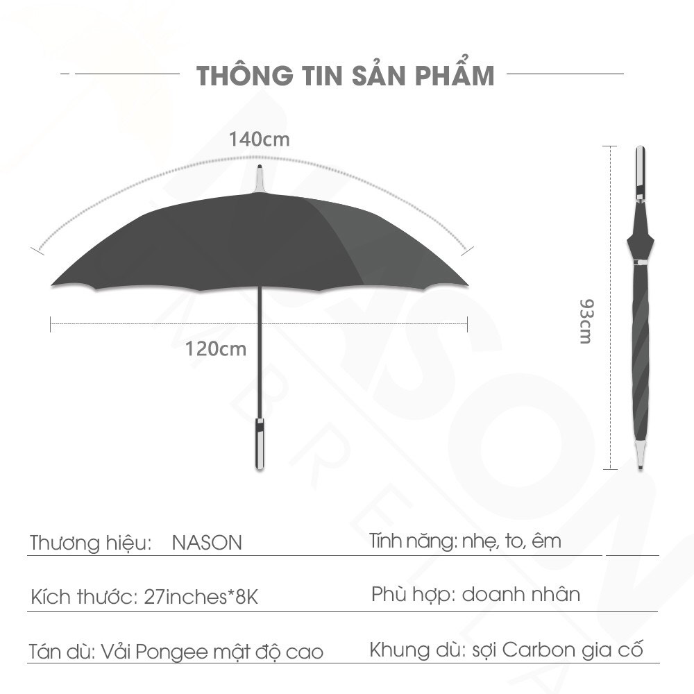 Ô thẳng cao cấp tán rộng Nason Gentle - Dù thẳng cao cấp Nason - Ô dù chống lật, ô thẳng che mưa