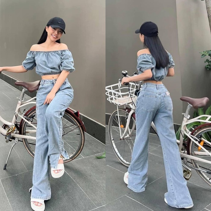 QUẦN JEANS / DENIM ỐNG RỘNG LƯNG CAO + ÁO CROPTOP TRỄ VAI TAY NGẮN BỒNG ĐI CHƠI ĐI BIỂN DẠO PHỐ