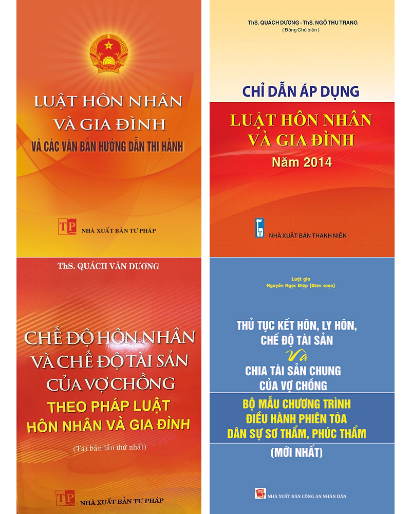 Combo 4 cuốn sách Luật hôn nhân và gia đình và các văn bản hướng dẫn thi hành + chỉ dẫn áp dụng luật hôn nhân và gia đình năm 2014 + Chế độ hôn nhân và chế độ tài sản của vợ chồng theo pháp luật hôn nhân và gia đình + Thủ tục kết hôn, ly hôn, chế độ tài