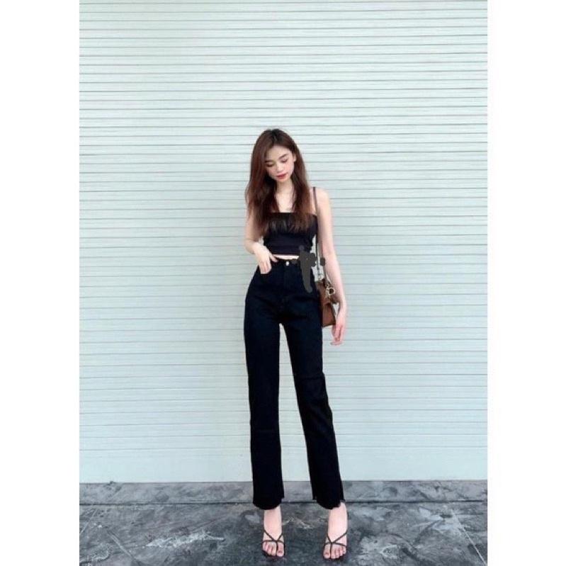 Quần bò jean nữ ống đứng đen cạp cao co dãn