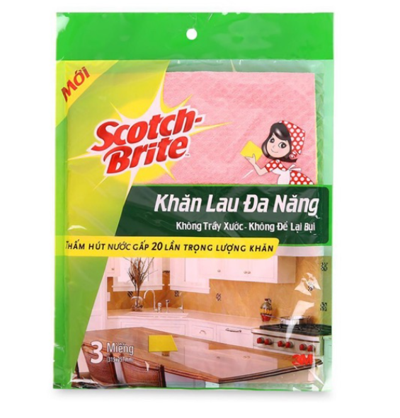 Combo 3 Khăn lau đa năng Scotch-Brite 3M 20x18cm không gây trầy xước, thấm hút nước gấp 5 lần, độ bền cao