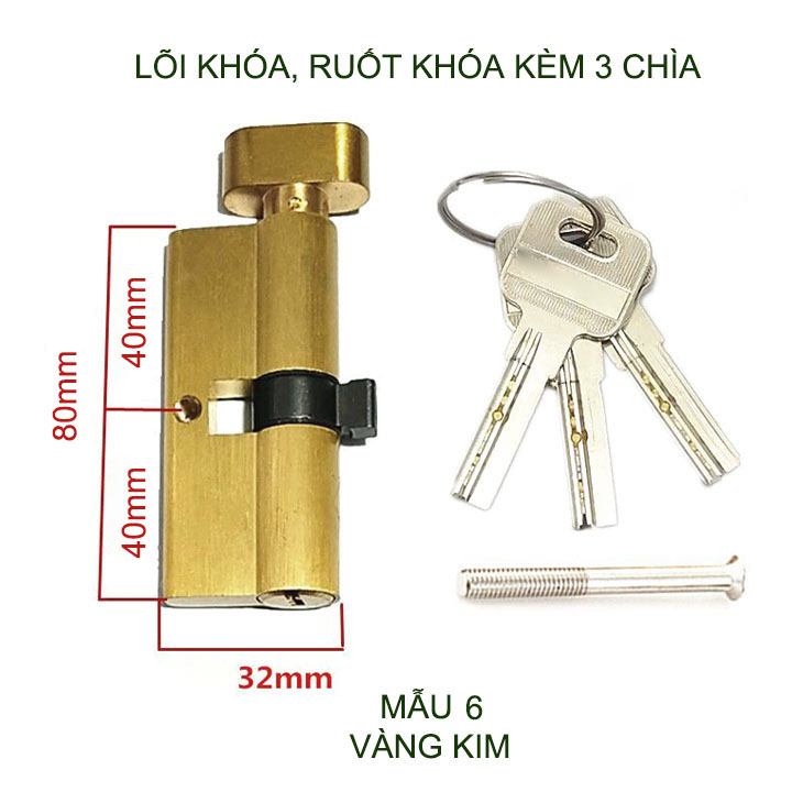 Lõi khóa cửa tay gạt dài 80mm, khóa 1 bên, vặn 1 bên kèm 3 chìa-Mẫu 6