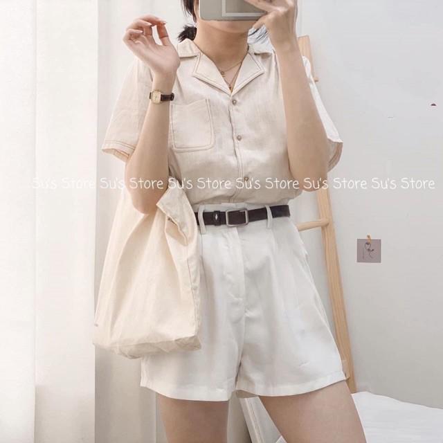 Áo sơ mi kiểu nữ cộc tay cổ vest viền chỉ freesize, Áo sơ mi nữ ngắn tay thô đũi - myl.fashion