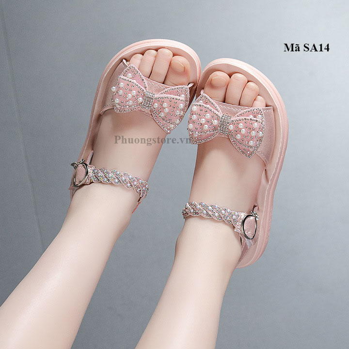 Giày sandal bé gái từ 3-12 tuổi nơ đính hạt xinh xắn SA14