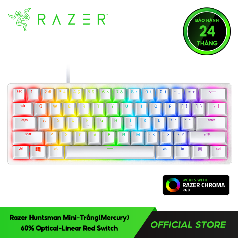 Bàn phím Razer Huntsman Mini-Trắng(Mercury)-60% Optical-Clicky Purple Switch_RZ03-03390300-R3M1- Hàng chính hãng