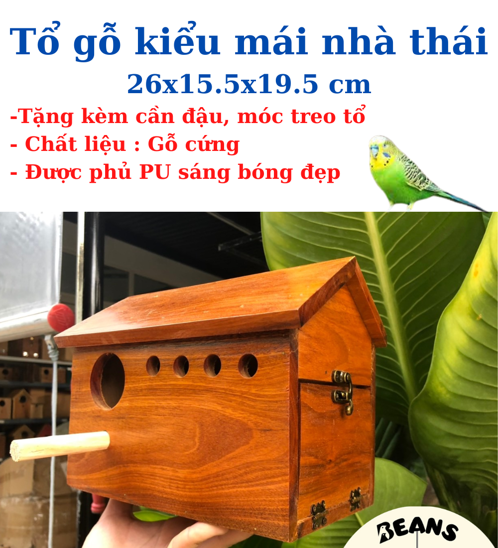 Tổ gỗ mái nhà mẫu dài dành cho chim yến phụng, bạc má, lovebird,...có lõm gom trứng tặng kèm móc treo tổ