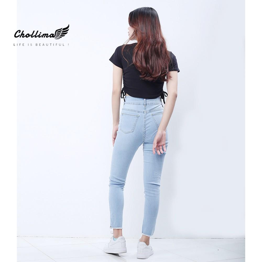 Quần jeans nữ co giãn Chollima cạp siêu cao đắp nịt màu xanh trắng QD025