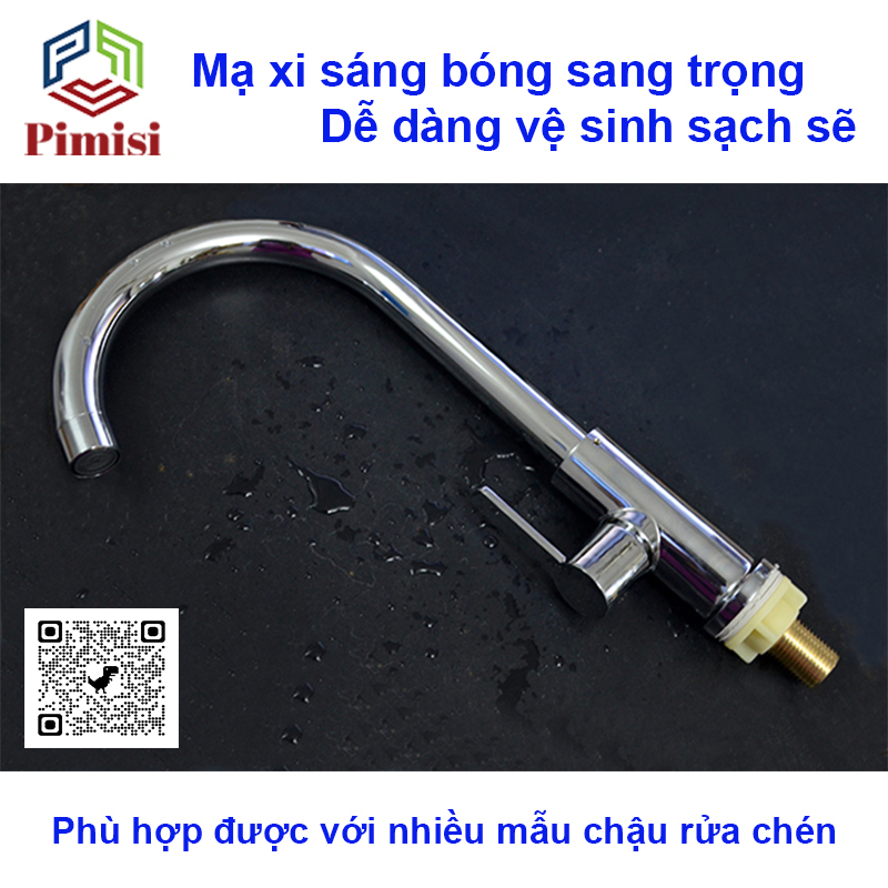 Vòi Rửa Chén Lạnh 1 Đường Nước Pimisi Đồng Thau Cao Cấp Mạ Xi Cr/Ni Sáng Bóng Cấp Nước Cho Chậu Rửa Bát 1-2-3 Hộc Trong Nhà Bếp Gắn Chậu Âm - Dương Bàn Đá Quay 360 Tăng Áp Kiểu Cổ Ngỗng Cần Cứng - Thân - Để To | Hàng chính hãng