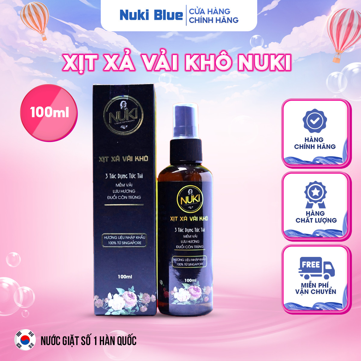 Chai Xịt Xả Vải Khô Nuki 100ml Hương Nước Hoa Lưu Hương Mềm Vải,Tinh Dầu Thơm Quần Áo