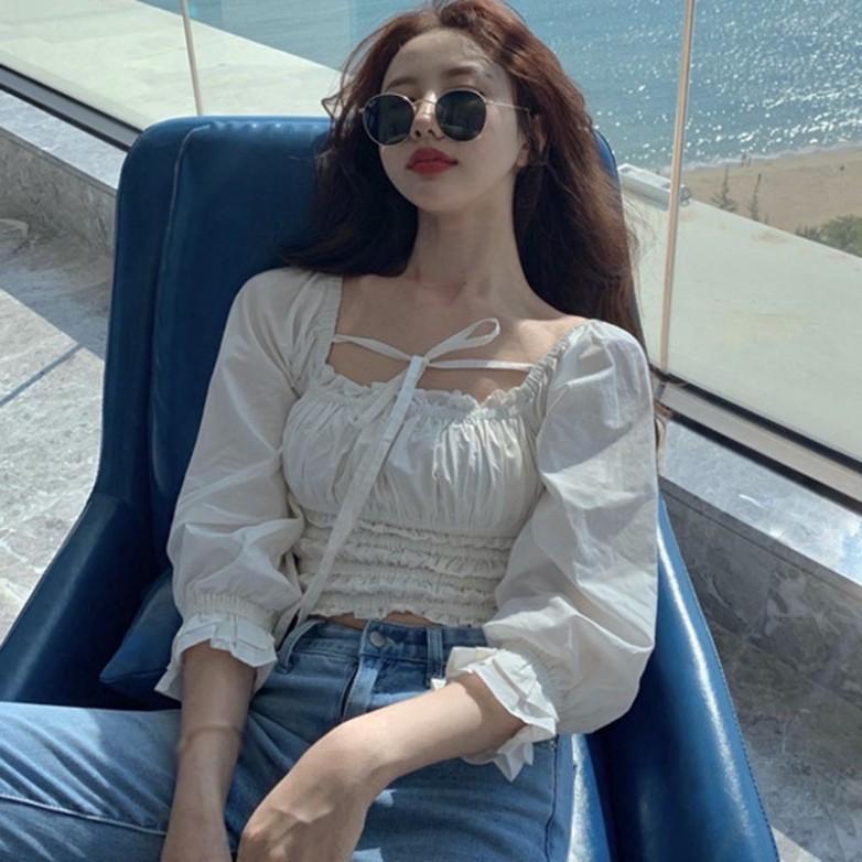 Áo croptop ulzzang trắng buộc dây cổ chất đẹp phong cách -Áo thun croptop cộc tay nữ buộc dây eo