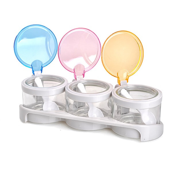 Bộ Kệ 3 Hũ Đựng Gia Vị Tròn Thủy Tinh Chống Ẩm Có Muỗng Cao Cấp