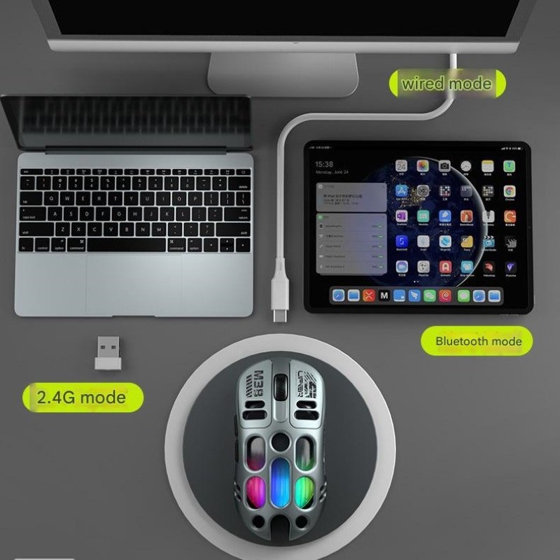 Chuột Led Không Dây M38 đa kết nối Bluetooth 5.0 + Usb 2.4G + Cáp 12800Dpi Pin Sạc TypeC hàng nhập khẩu