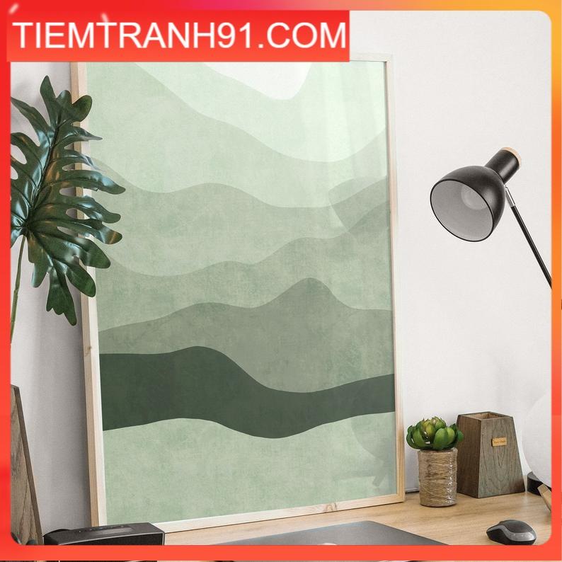 Tranh treo tường | Tranh trừu tượng - Green abstract mountain scenery, Mint line art, ombre waves poster