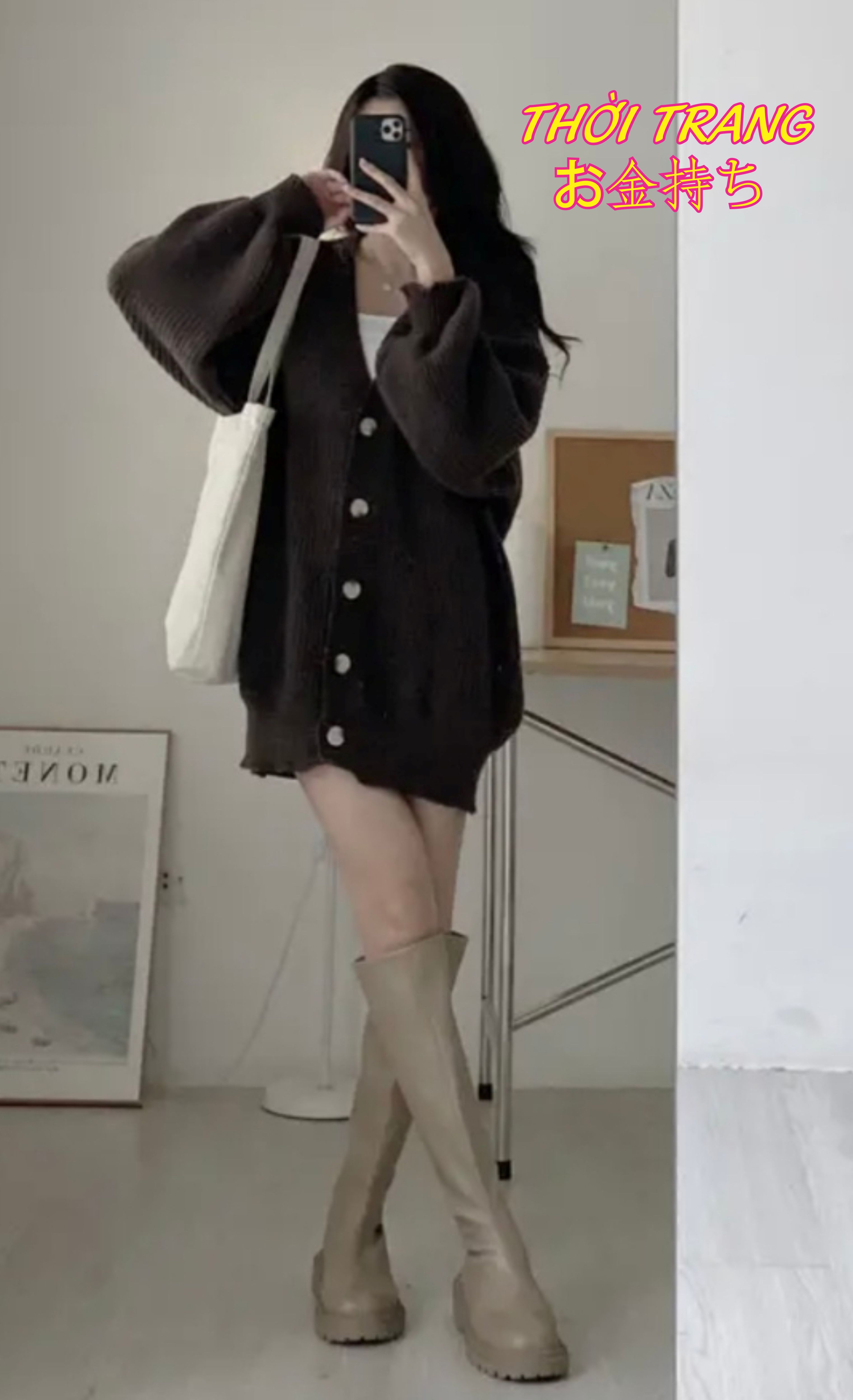 SẴN Áo khoác len cổ V cardigan có khuy 2 túi trước oversize trùm mông ulzzang thu đông 171