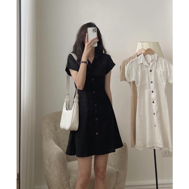Váy sơ mi dài FORYOU đầm cổ đức cúc giữa 3 màu be, trắng, đen mặc đi làm, đi chơi - VN0076
