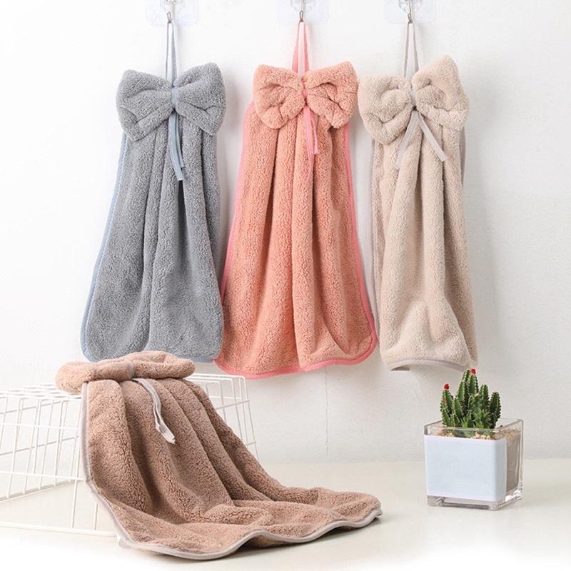 Khăn lau tay hình nơ dễ thương treo tường nhà bếp nhà tắm bằng vải nhung mềm mại thấm hút tốt phong cách Hàn Quốc