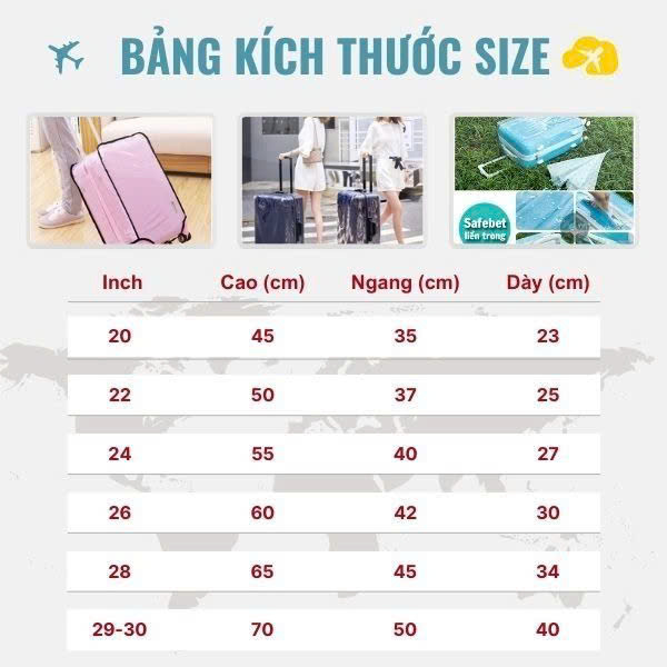 Áo bọc vali trong suốt, nhiều size- Bao trùm vali chống trầy xước cao cấp -Hàng chính hãng