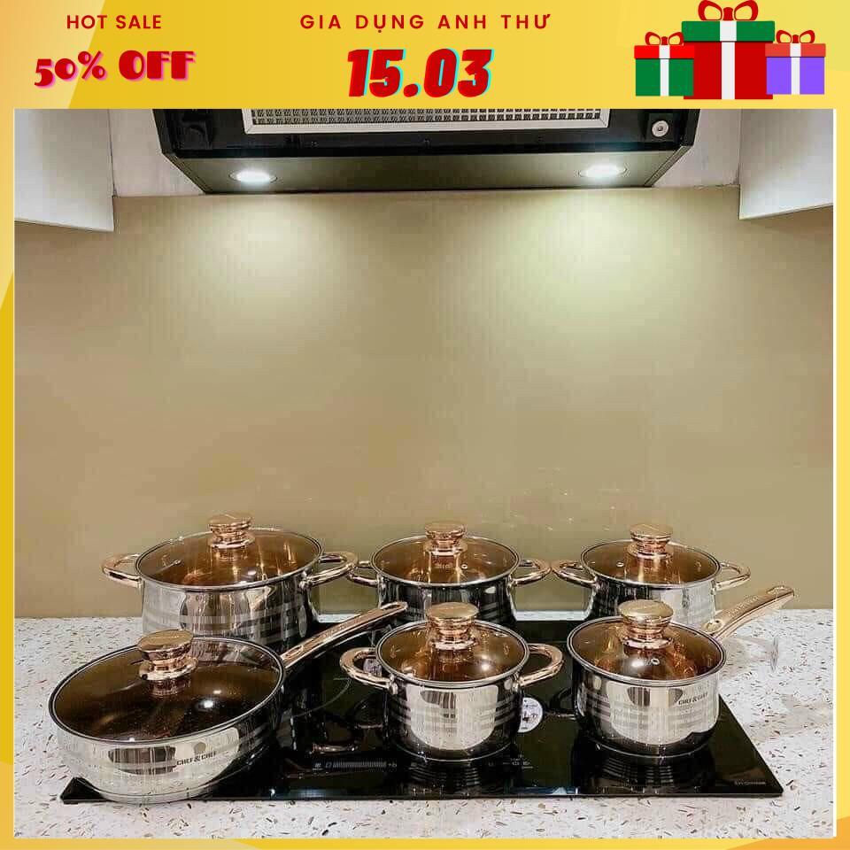 Set Bộ nồi Đức 5 đáy Yimeitai gồm 6 món lắp hợp kim vàng dùng cho mọi loại bếp điện, bếp từ, bếp ga