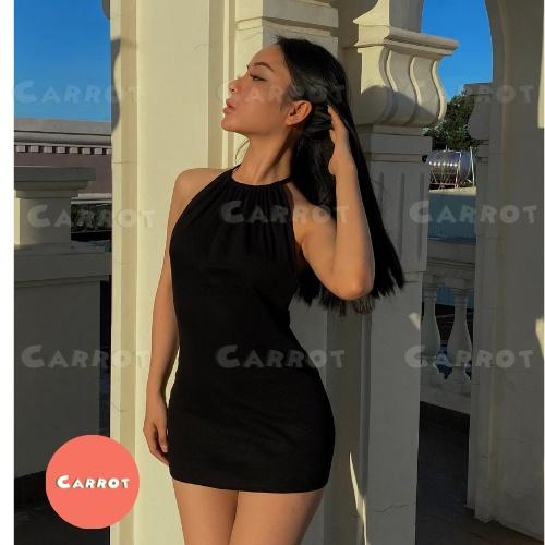 Đầm body sexy hở lưng hở eo váy ôm cổ yếm hở vai cột dây quyến rũ sang chảnh màu đen thun gân carrotxinhdep