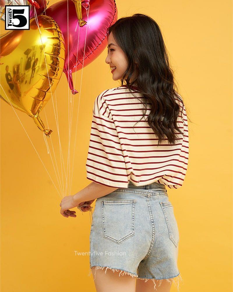 Áo thun nữ kẻ ngang, dáng rộng Twentyfive 3673
