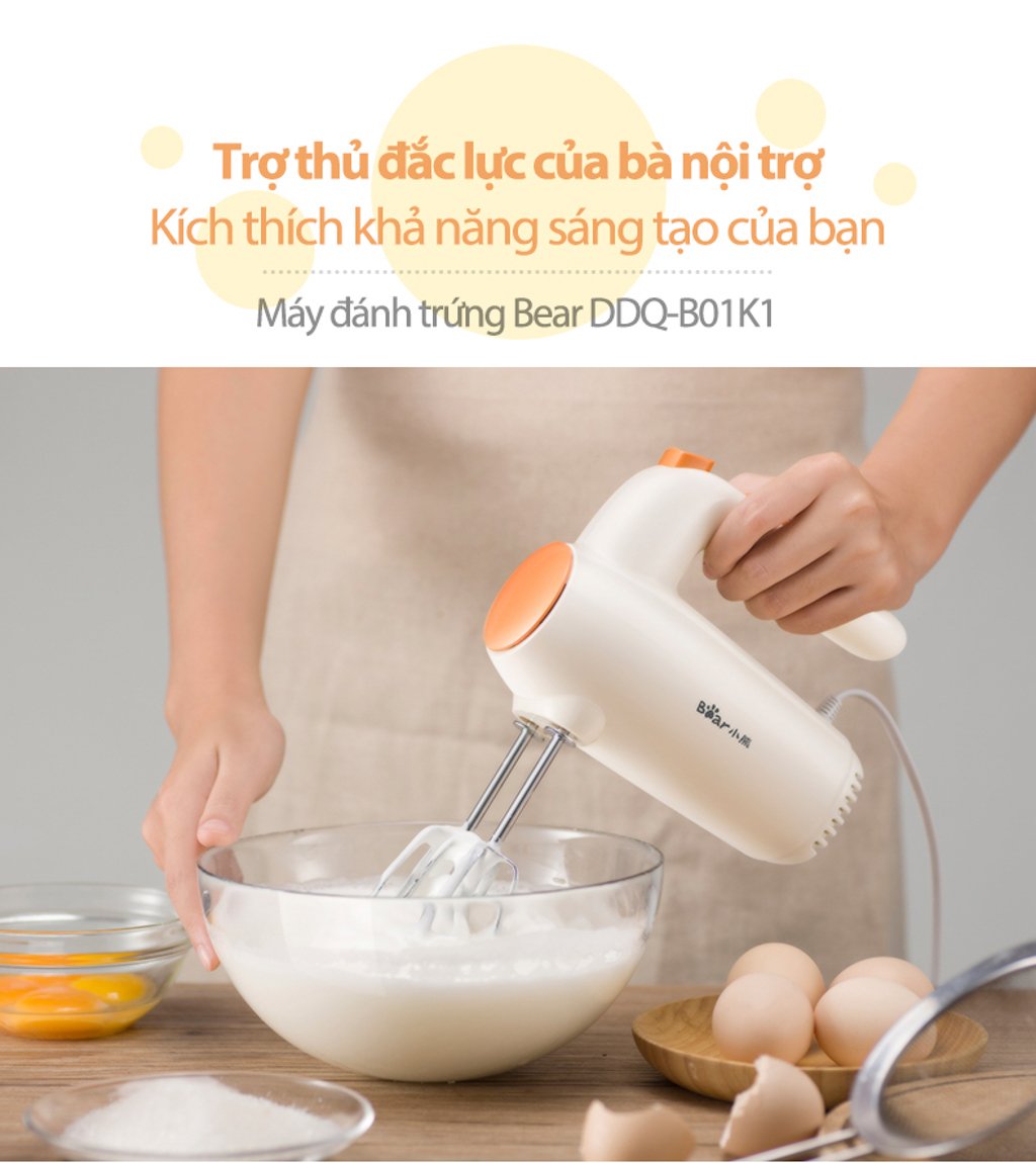 Máy Đánh Trứng Cầm Tay BEAR DDQ-B01K1 Kèm 2 Que Đánh Công Suất 125 W- Hàng Chính Hãng