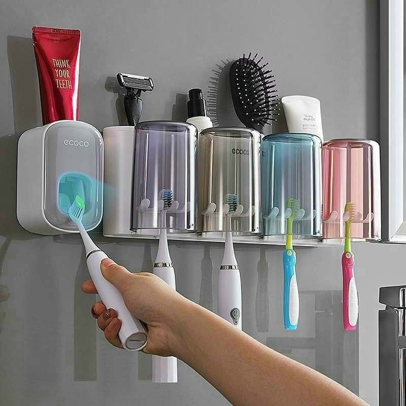 Kệ để cốc bàn chải đánh răng kèm hộp nhả kem đánh răng tự động ANVD Ecoco cao cấp không cần khoan tường