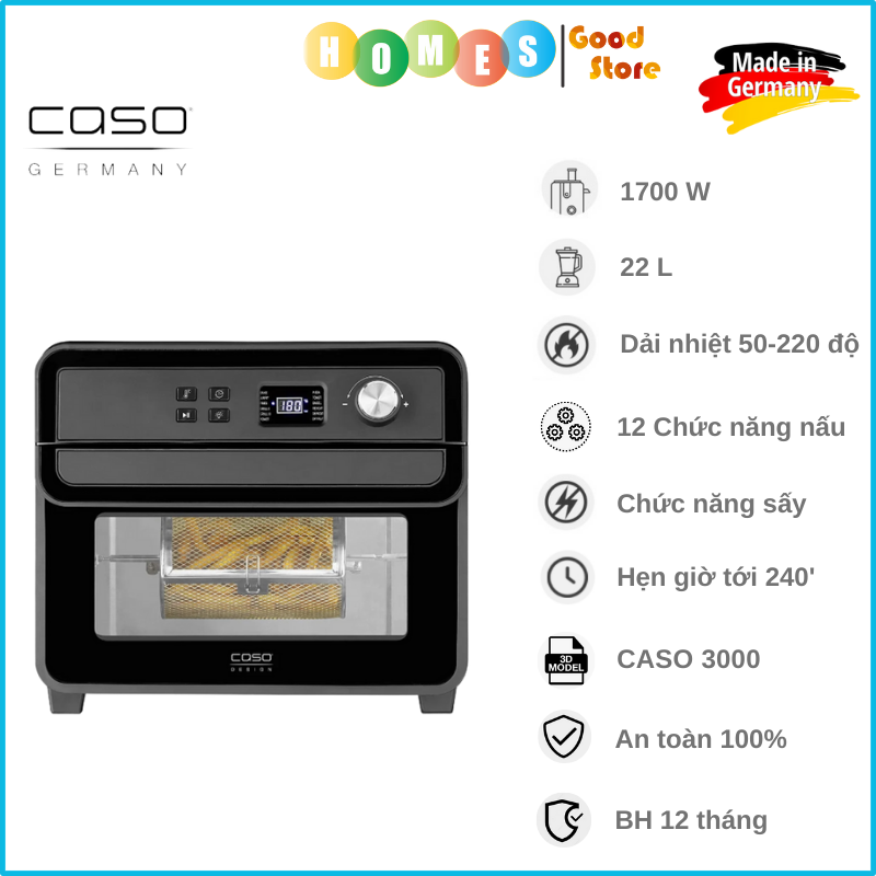 Nồi Chiên Không Dầu Kiêm Lò Nướng CASO 3000 AirFry Chef - Nhập Khẩu Đức 12 Chương Trình Tích Hợp Sấy Dung Tích 22 Lít Công Suất 1700 W - Hàng Nhập Khẩu