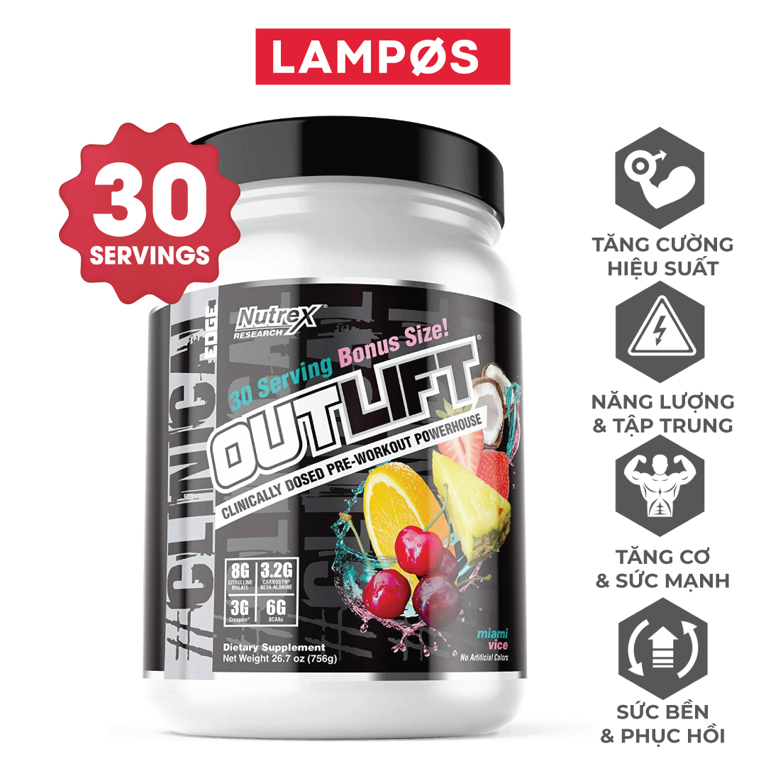 Nutrex Outlift Pre-Workout 30 Liều, Tăng Sức Mạnh Sức Bền, Năng Lượng Trước Tập, Citrulline, BCAA, Creatine, Beta-Alanine, Taurine - Miami Vice