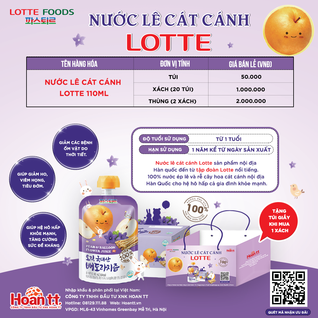 NƯỚC LÊ CÁT CÁNH LOTTE Hàn Quốc (Xách 20 túi 100ml)