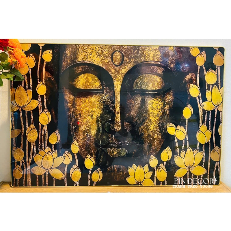 (ẢNH THẬT) Tranh treo tường phật trong hoa sen vàng tranh trang trí phòng thờ nơi tôn nghiêm