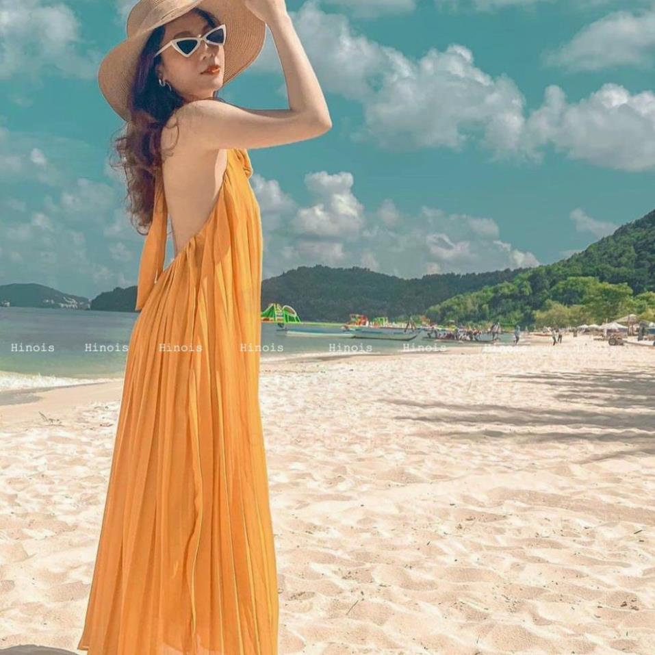 Đầm Maxi Hở Lưng - Váy Maxi Cổ Yếm Dáng Xếp Li Xòe Có Mút Ngực, Chất Liệu Voan Lụa Mềm Mại Thích Hợp Đi Biển kèm vide