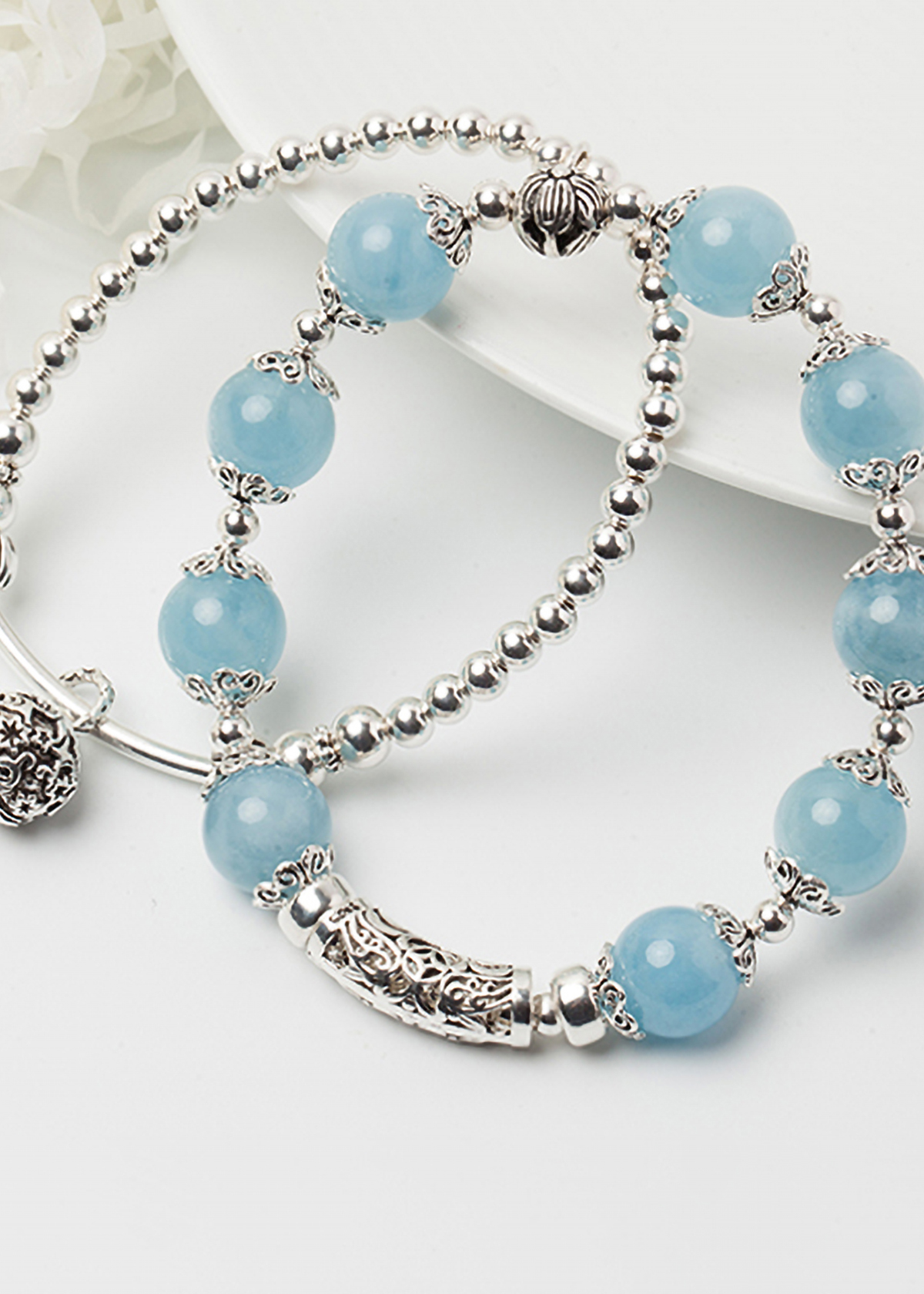 Vòng 2 line đá Aquamarine phối charm bạc size hạt 10mm mệnh thủy, mộc - Ngọc Quý Gemstones