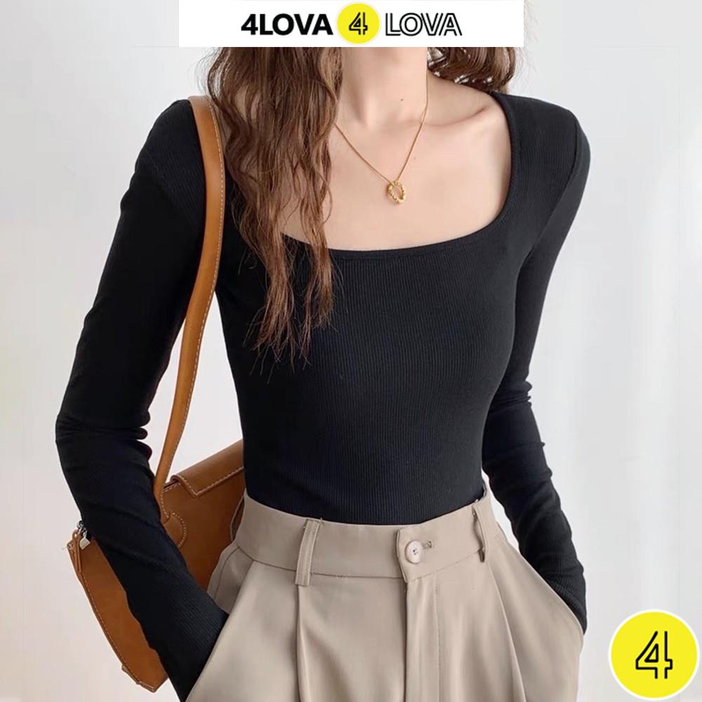 Hình ảnh Áo thun croptop nữ dài tay cổ vuông 4LOVA dáng ôm body chất cotton co giãn cao cấp mềm mại