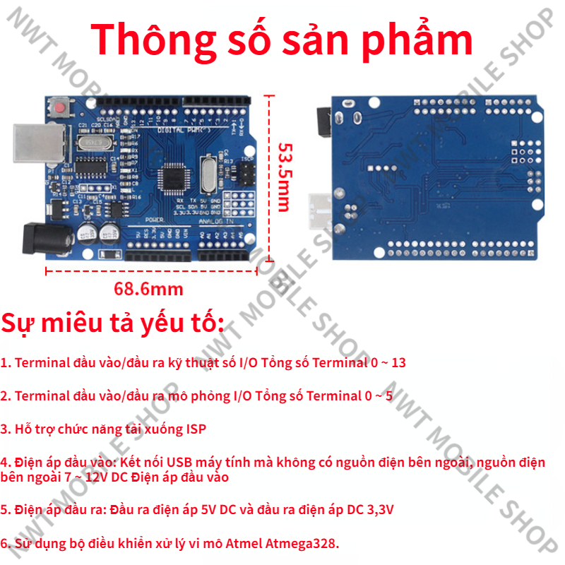 Mạch Arduino Uno R3 ATmega 328P CH340 (SMD - Chip Dán) - Có Tặng Kèm Cáp mạch Mạch Arduino Uno R3