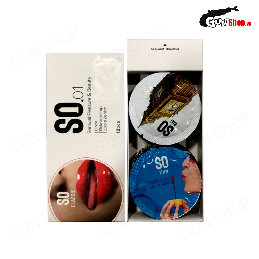 [Hộp 12 cái] Bao cao su SO Classic - Mỏng, nhiều gel bôi trơn kèm 1 chiếc BCS Gun Super Thin