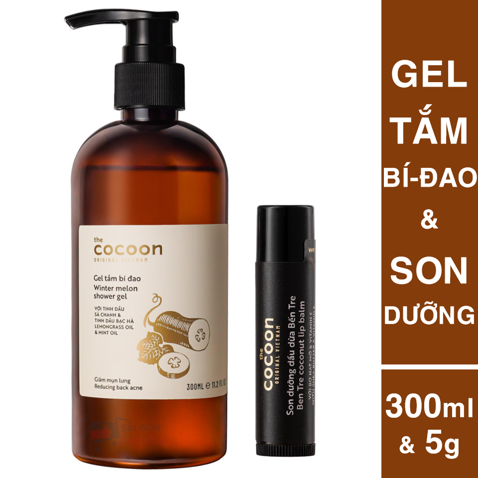 Combo gel tắm bí đao 300ml + Son dưỡng môi dầu dừa bến tre the cocoon 5g