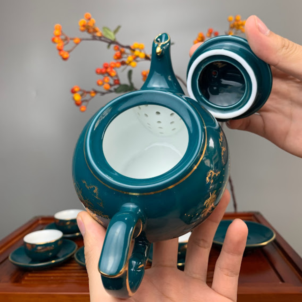 Bộ ấm chén uống trà cao cấp , bộ ấm trà Bát Tràng - kim phụng hoàng gia