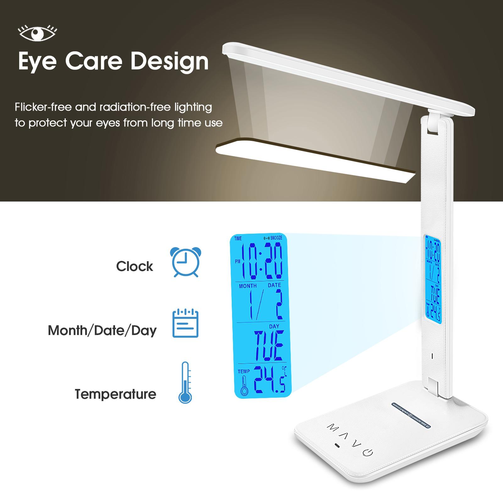 QI Wireless Charging LED Desk Lamp with Calendar Temperature Clock LCD Display Eye Protect Reading Light Table Lamp