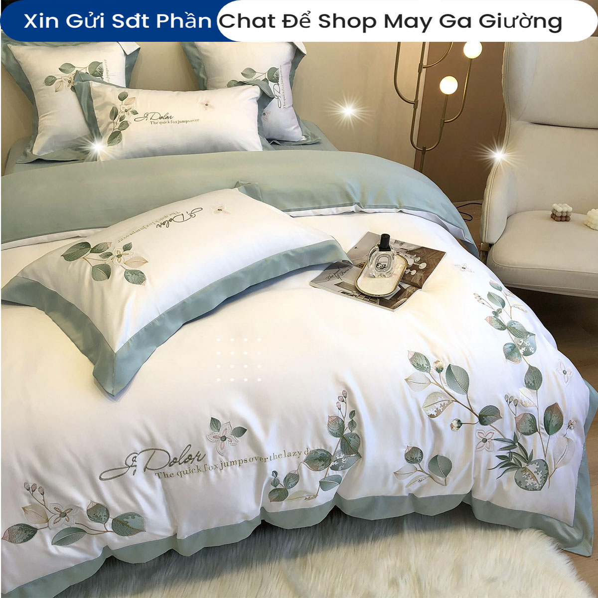 Bộ Chăn Ga Gối Đệm Phi Lụa Tencel Silk Green Lead Home ANNA NGUYÊN Bộ Chăn Ga 5 Món Drap Giường Phi Bóng Cao Cấp Chăn Chần Bông