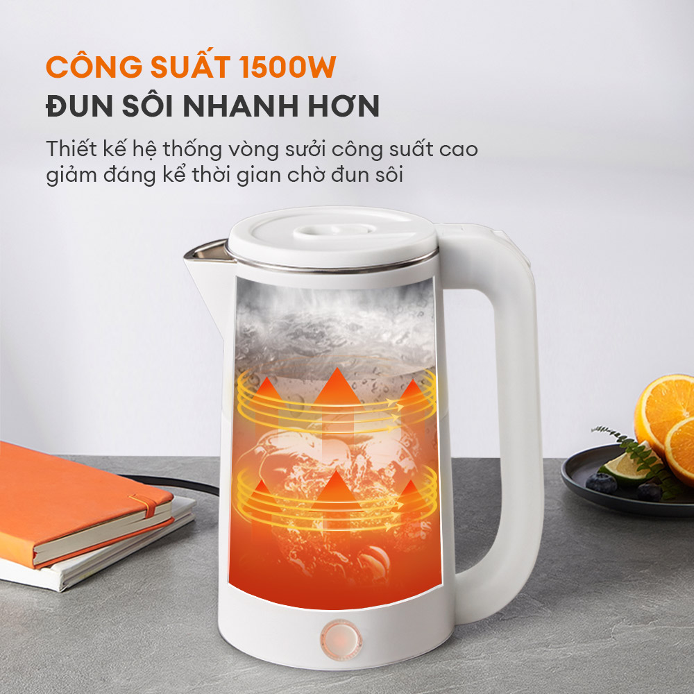 Bình đun siêu tốc GAABOR EK20M-WH02A dung tích lớn 2L 1500W Thép không gỉ - Hàng chính hãng