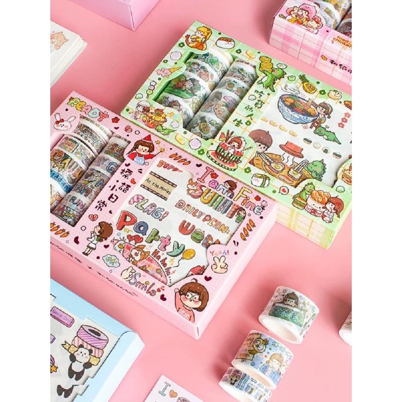 Hình ảnh Hộp 10 cuộn băng giấy và 10 tờ stickers chủ đề dễ thương(có sẵn)