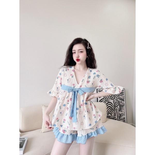 Đồ Bộ Nữ lụa xốp phối nơ ngực, vòng 1 &lt; 90cm, Freesize 40-65kg, tùy chiều cao