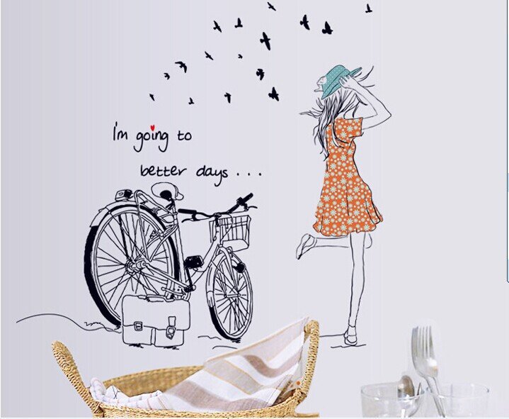 Decal dán tường xe đạp và cô gái lãng mạn
