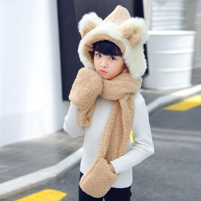 Cho Bé 3 Trong 1 Ấm Sang Trọng Mùa Đông Nón Dễ Thương Nơ Tai Gấu Trẻ Em Khăn Mitten Găng Tay Có Túi Earflap Áo Hoodie mũ Lưỡi Trai