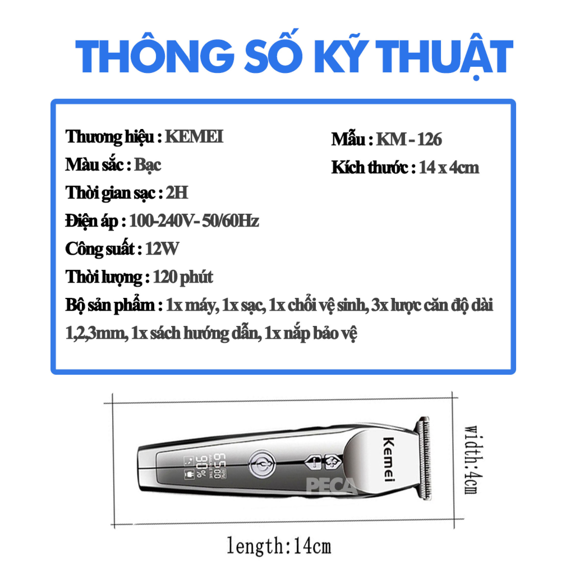 Tông đơ chấn viền cao cấp KEMEI KM-126 màn hình LED hiển thị điều chỉnh 3 mức tốc độ sử dụng pin sạc tiện lợi có thể dùng cắt tóc, cạo trắng, cạo đầu, điêu khắc, tatto tóc