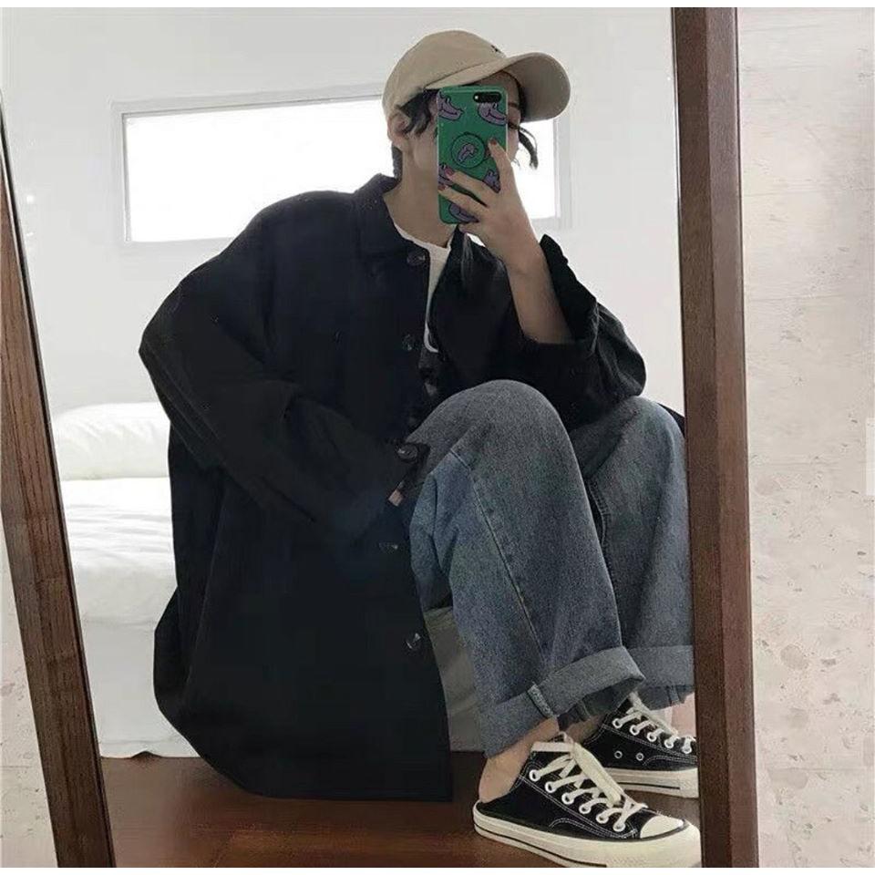 Áo Khoác Unisex KaKi Dáng Dài, Cúc Cài, Tay Trơn Phồng