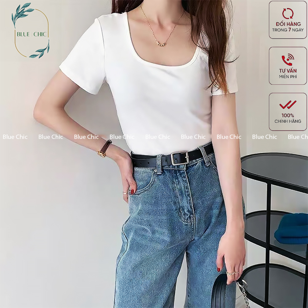 Áo phông nữ Blue Chic cổ vuông cộc tay form đẹp thun trơn co giãn tốt màu đen trắng thời trang basic