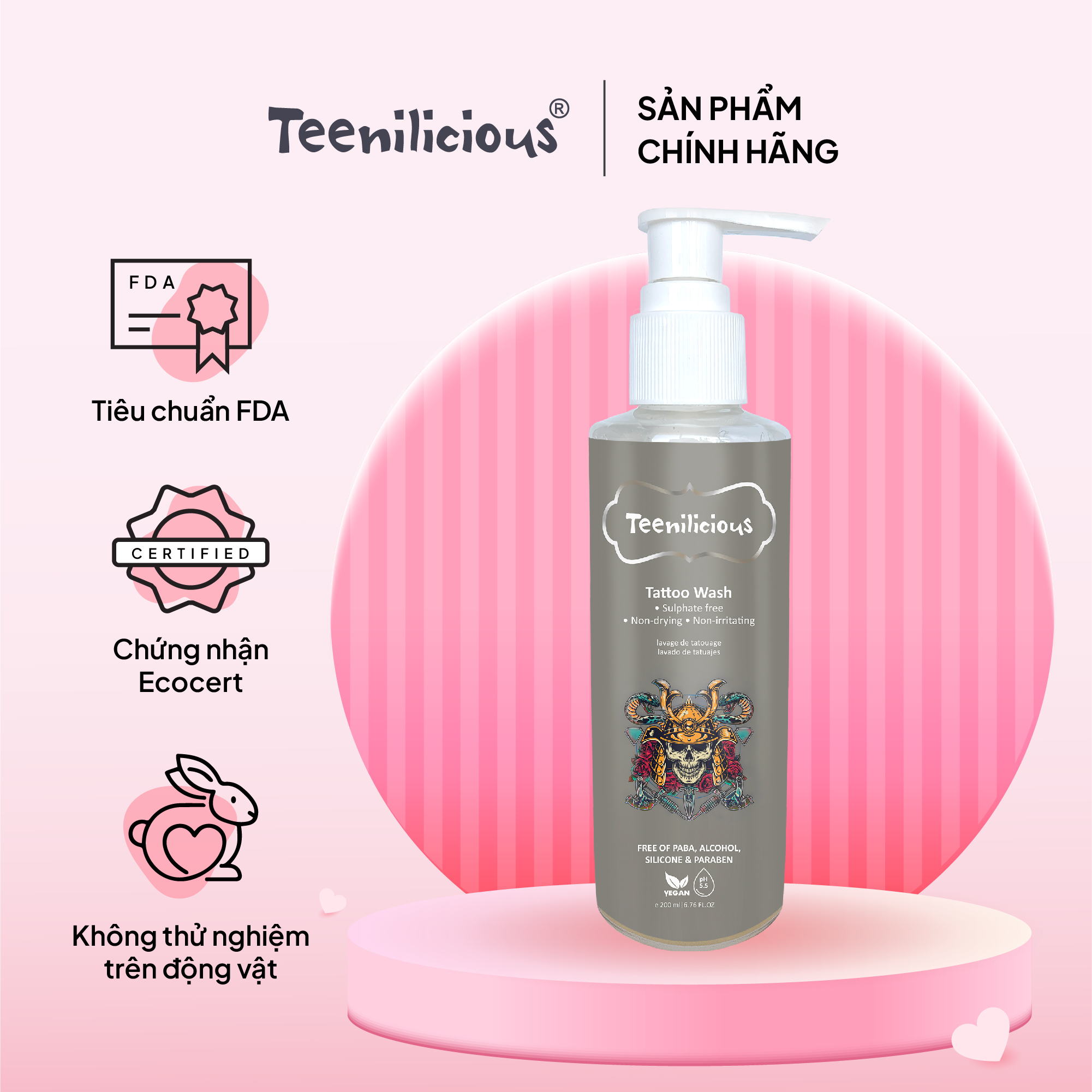 Nước Vệ Sinh Hình Xăm Teenilicious Tattoo Wash Làm Sạch Dịu Nhẹ, Giúp Dưỡng Ẩm Mềm Mịn Da Xăm 200ml