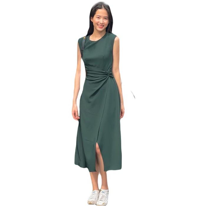 JOVEN-Đầm độn vai xanh lá/vàng/nude