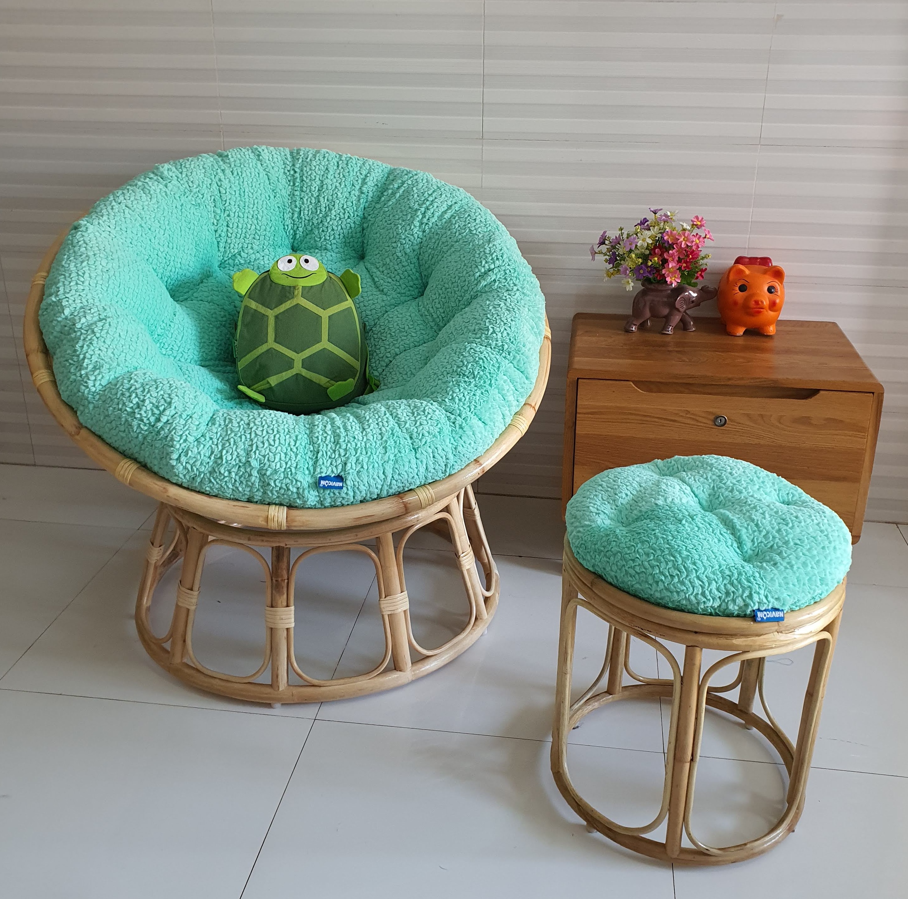 Hình ảnh Bộ ghế thư giãn papasan + đôn nhỏ ( Vải nhung cao cấp xanh ngọc)